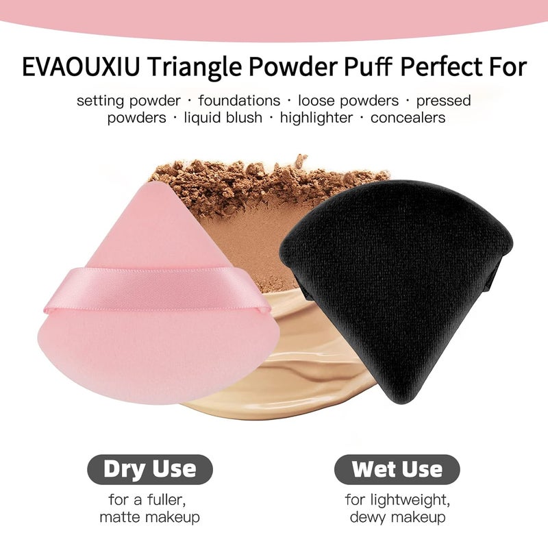 EVAOUXIU 2 Pcs Triangle Powder Puff for Face Powder, Soft Plush Setting Powder Puff, Velour Cosmetic Foundation Blender Sponge Beauty Makeup Tools (Black&Pink) - Image 5